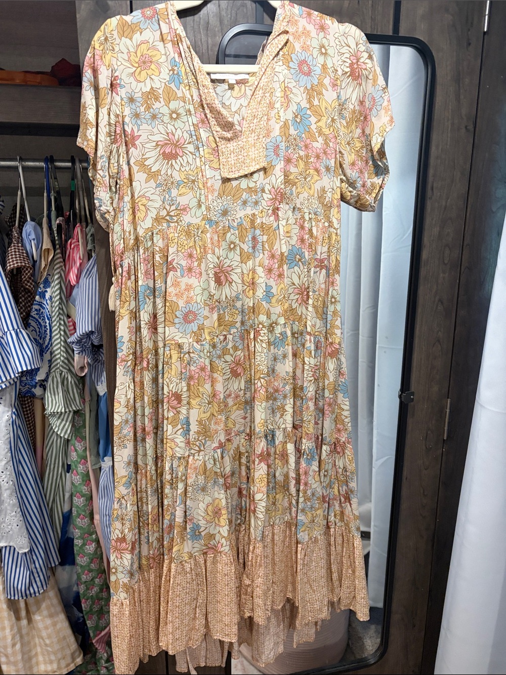 Floral Tiered Midi Dress in Cream and Pastel